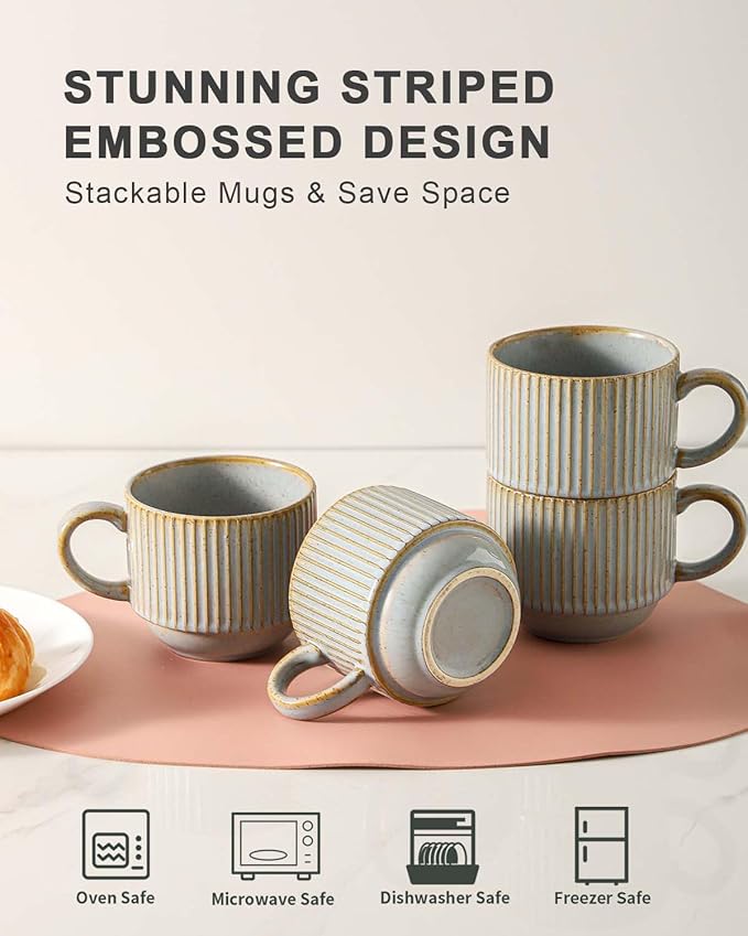 HASENSE Coffee Mug Ceramic Set of 4 with Stand - 15 oz Stackable Large Porcelain Ribbed Latte Cup Set for Cappuccino, Tea, Hot Cocoa, Drinks - Dishwasher & Microwave Safe, Lavender Gray