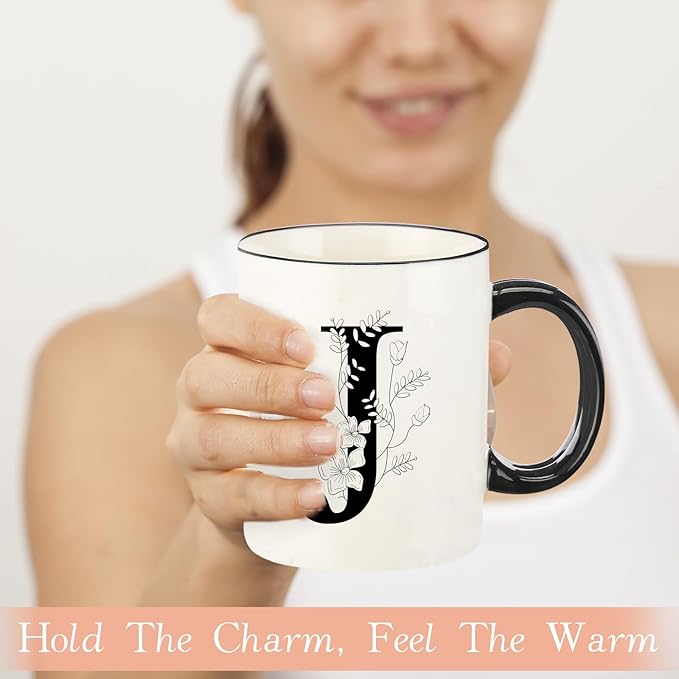 Monogram Ceramic Coffee Mugs, 11 oz Initial Drinking Cup with Gift Box, Unique Birthday Christmas Gifts for Women Wife Mothers Day Grandma Mom Aunt, J