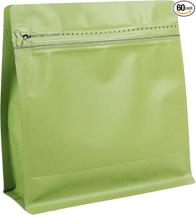 60 Pack High Barrier Stand-Up Coffee Bean Bags with Vented Valve Matte Metallic Heat-Sealable & Resealable Solid Color Pouches (Square,7.7 * 8 inch,1 lb,Avocado Green)