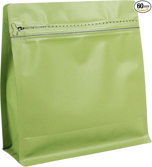 60 Pack High Barrier Stand-Up Coffee Bean Bags with Vented Valve Matte Metallic Heat-Sealable & Resealable Solid Color Pouches (Square,7.7 * 8 inch,1 lb,Avocado Green)