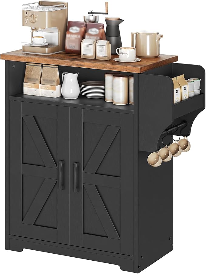 Coffee Bar Cabinet, Kitchen Island with Storage, Farmhouse Sideboard Buffet Cabinet with Dual-Purpose Floating Shelf and Hooks, for Restaurant, Living Room, Rustic Brown KF22BR