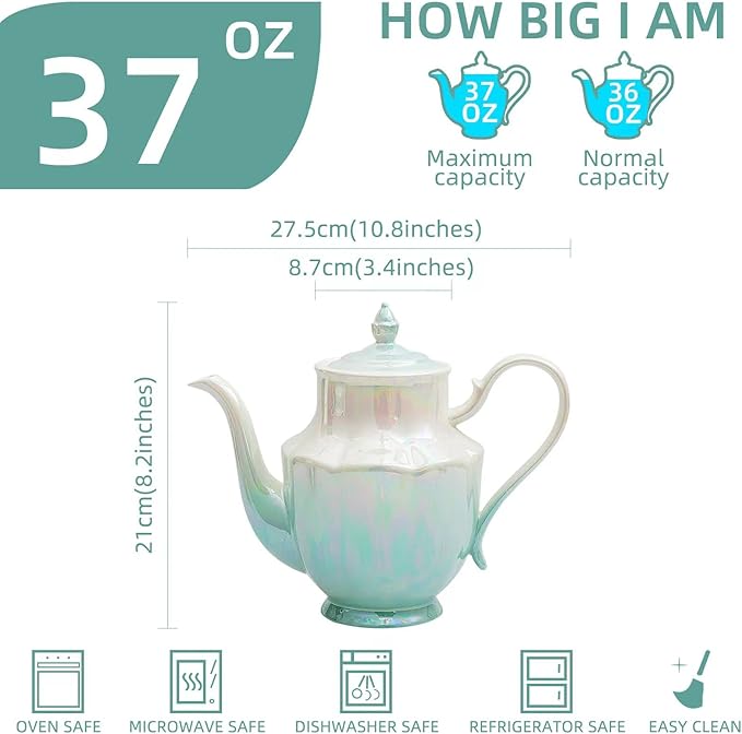 ceramic teapot,Porcelain Tea Pot 37 Oz Teapot with lid for Tea, Milk, Coffee, Flower tea (Green)