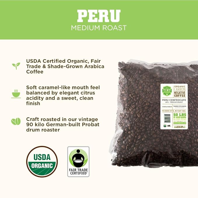 Tiny Footprint Coffee - Fair Trade Organic Peru APU Medium Roast - Whole Bean Coffee, USDA Organic & Carbon Negative - You Drink Coffee, We Plant Trees, 3 Pounds