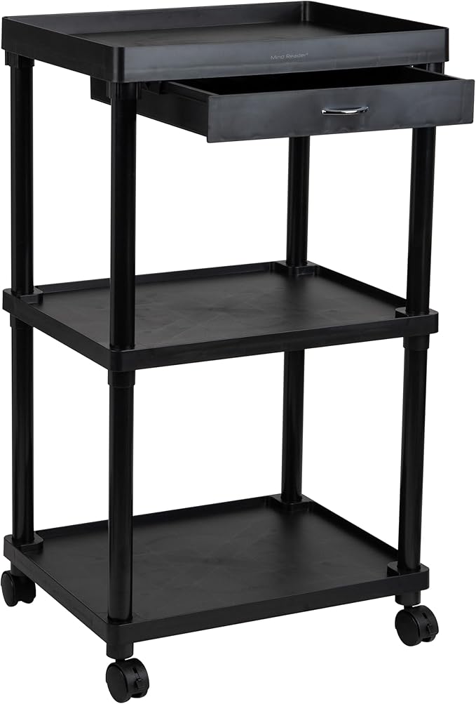 Mind Reader Bar Cart, Rolling, Utility Cart, 3-Tier, Coffee Cart, Bathroom, Kitchen, Plastic, 20"L x 15"W x 34.5"H, Black