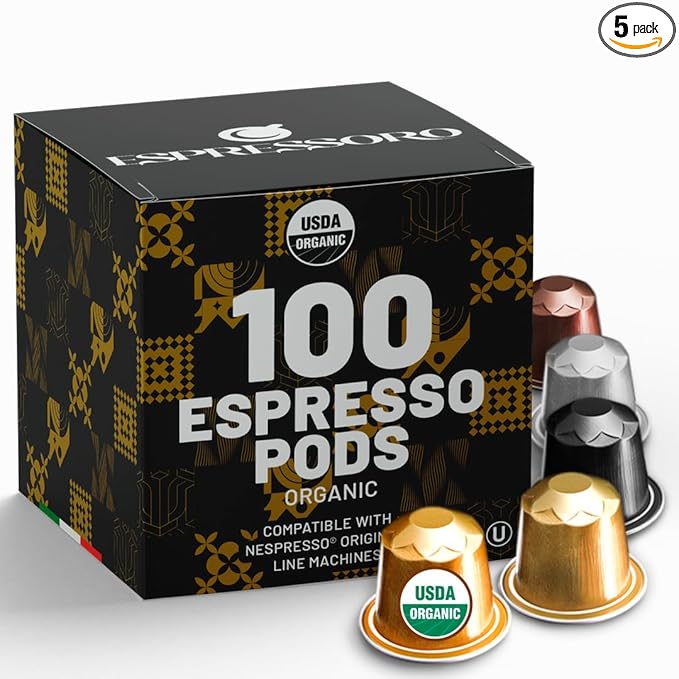 Espressoro 100 Organic Espresso Capsules - Variety Pack USDA Certified Premium Aluminum pods compatible with Nespresso Original line machines. Made in Italy.