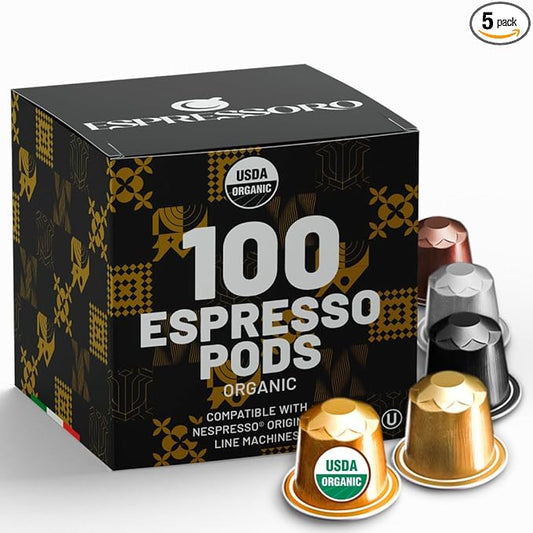 Espressoro 100 Organic Espresso Capsules - Variety Pack USDA Certified Premium Aluminum pods compatible with Nespresso Original line machines. Made in Italy.