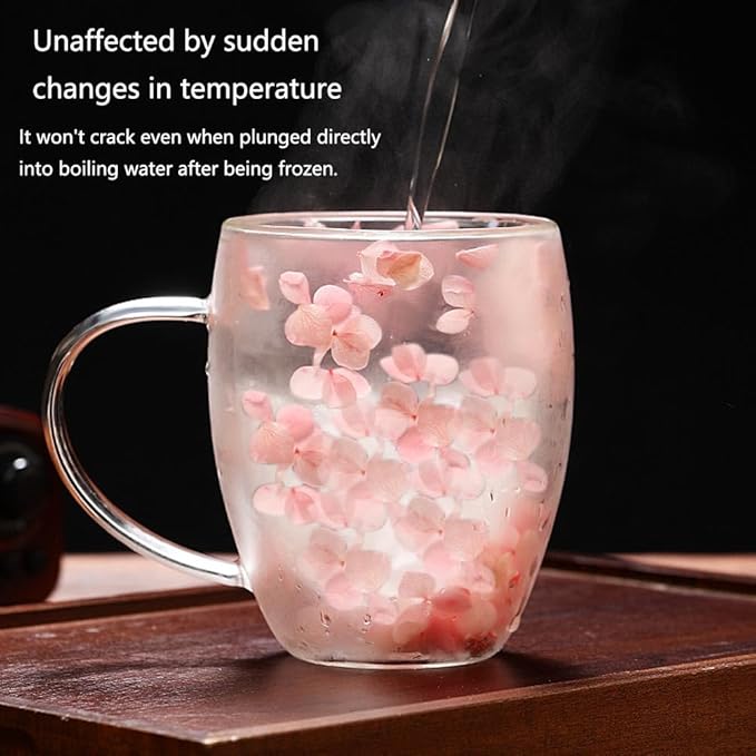 Double Wall Glass Coffee Mugs, 12 oz Clear Floral Insulated Glass Cups with Handle, Hand Blown Borosilicate Coffee Mug for Espresso, Cappuccino, Latte, Tea & Hot Beverages (Mix)