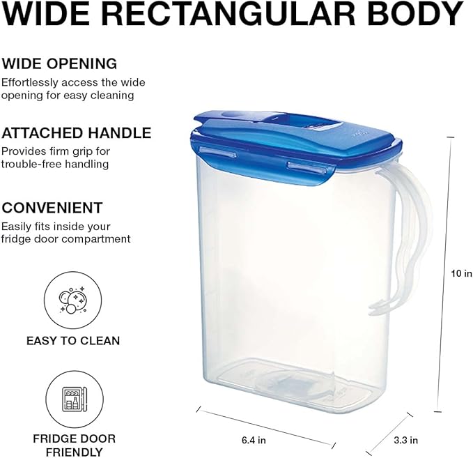 LocknLock Aqua Fridge Door Water Jug with Handle BPA Free Plastic Pitcher with Flip Top Lid Perfect for Making Teas and Juices, 3 Quarts, Blue