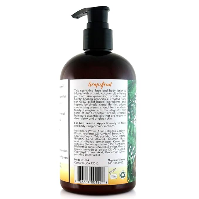 Coco Fiji Face & Body Lotion Infused With Coconut Oil | Lotion for Dry Skin | Moisturizer Face Cream & Massage Lotion for Women & Men |Grapefruit 12 ozPack of 3