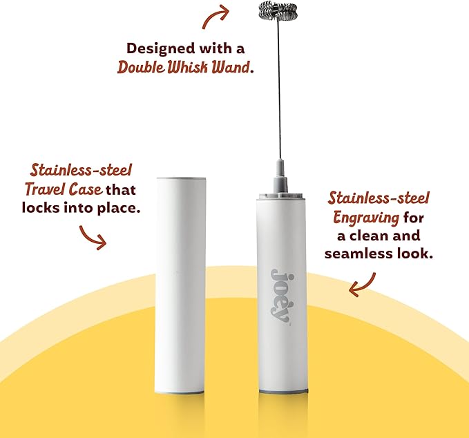 Joe'y Electric Milk Frother, USB Rechargeable Handheld Mixer, Dual Speed Stainless Steel Frother Wand with Double Whisk for Coffee, Lattes, Matcha, Includes Travel Case, Coffee Bar Accessories, White
