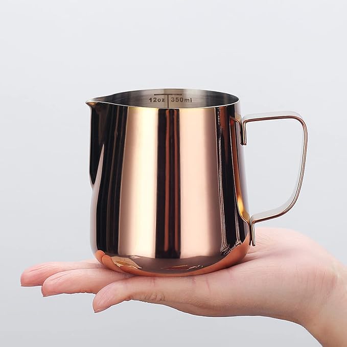 Milk Frothing Pitcher 12oz - 350ml, Kyraton Stainless Steel Espresso Steaming Pitchers with Decorating Pen,Milk Coffee Frother Cups Cappuccino Latte Art Barista Steam Pitchers Milk Jug Cup (Rose Gold)