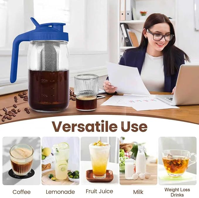 QHH Cold Brew Coffee Maker,32 oz Mason Jar Pitcher with Stainless Steel Filter, Pour Spout Handle Lid, Heavy Duty Glass Airtight & Leak-Proof Pitcher for iced coffee Tea Lemonade-Blue