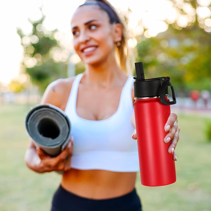 Volhoply 16 OZ Kids Water Bottle Bulk 4 Pack,Insulated Sports Bottles with Straw Lid,Stainless Steel Bottle with Handle Keep Cold & Hot,Double Wall Vacuum Tumbler Cups for School,Girls(Red, 4)