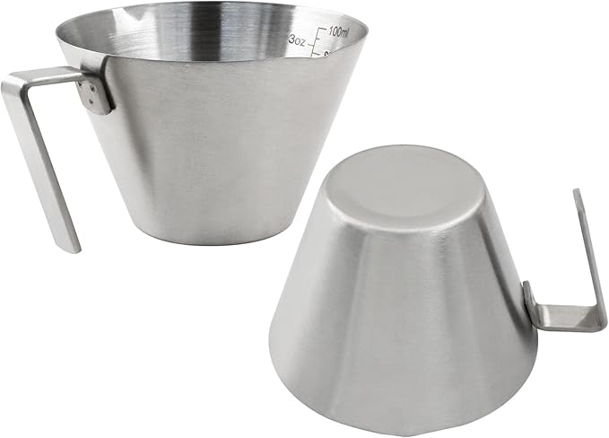 Piutouyar 2 Pcs 100 ml / 3.4 oz Stainless Steel Espresso Cups, Double Spout Espresso Measuring Cup with Handle, Dual Scale Metal Espresso Shot Cup Pouring Cup