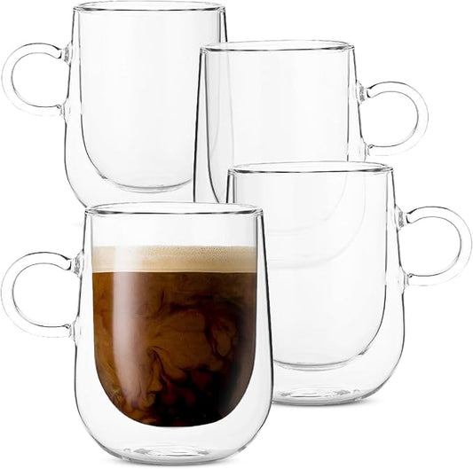 BTaT- Double Walled Glass Coffee Mugs, 8 oz, Set of 4, Glass Coffee Cups with Handle, Insulated Clear Coffee Mug for Hot and Cold Beverages, Cappuccino, Latte, Tea, Americano, Microwave Safe