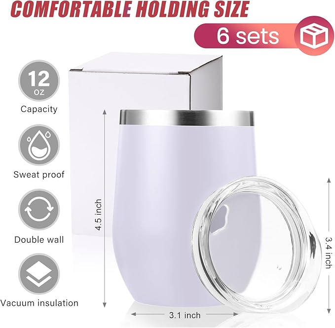 6 Pack Stainless Steel Wine Tumblers 12 oz Insulated Vacuum Wine Cup Set Double Wall Stainless Steel Stemless Mug Glasses for Coffee Soda Whiskey Outdoor Travel (White)