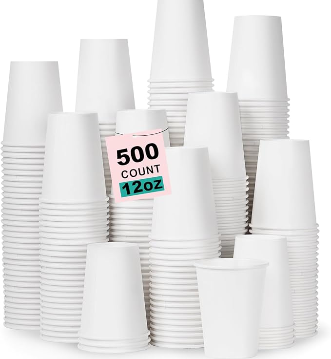 Coolcap 12 oz 500 Pack Disposable Coffee Cups, Bulk White Disposable Paper Cups, Coffee Cups for Hot Tea, Chocolate and Cold Drinks