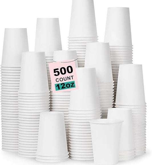 Coolcap 12 oz 500 Pack Disposable Coffee Cups, Bulk White Disposable Paper Cups, Coffee Cups for Hot Tea, Chocolate and Cold Drinks