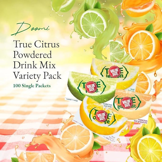 Truae Lemon, Truae Lime, Truae Orange, Truae Grapefruit, Varrirty Pack 100 Count, On-The-Go Powdered Drink Mix Variety Pack, Zero Calorie Unsweetened Water Flavoring, Each Packet Fits Into a 16.9 oz. Bottle or Cup