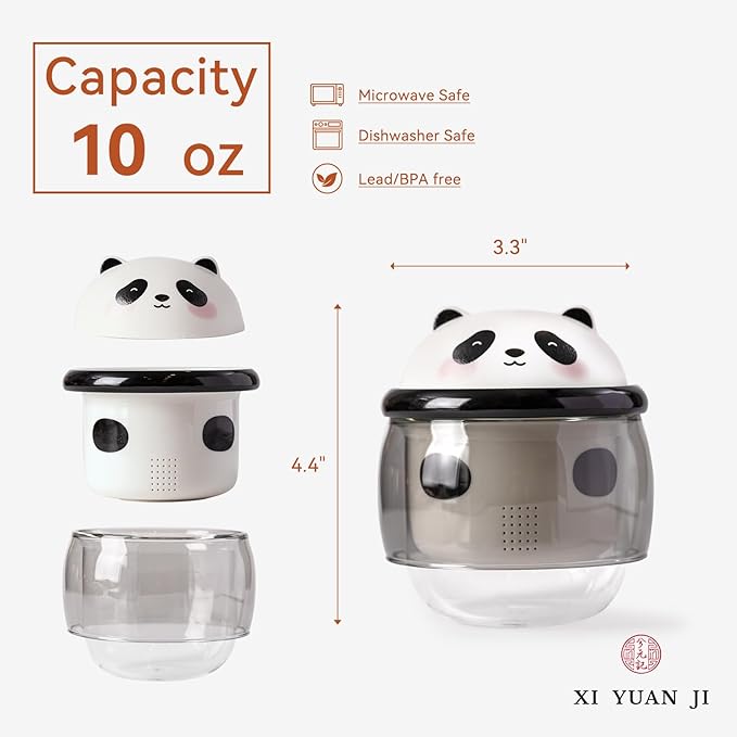 Panda Tea Cup with Infuser and Lid 10oz - Double-Wall Glass Mug with Ceramic Components, Cute Animal Design Loose Leaf Tea Gift for Birthday & Anniversary