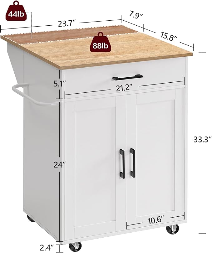 Kitchen Island on Wheels with Drop Leaf, Folding Countertop Kitchen Island Cart, Kitchen Island Table with Towel Rack, Drawer, for Kitchen, Dining Room, White and Natural KINW12501