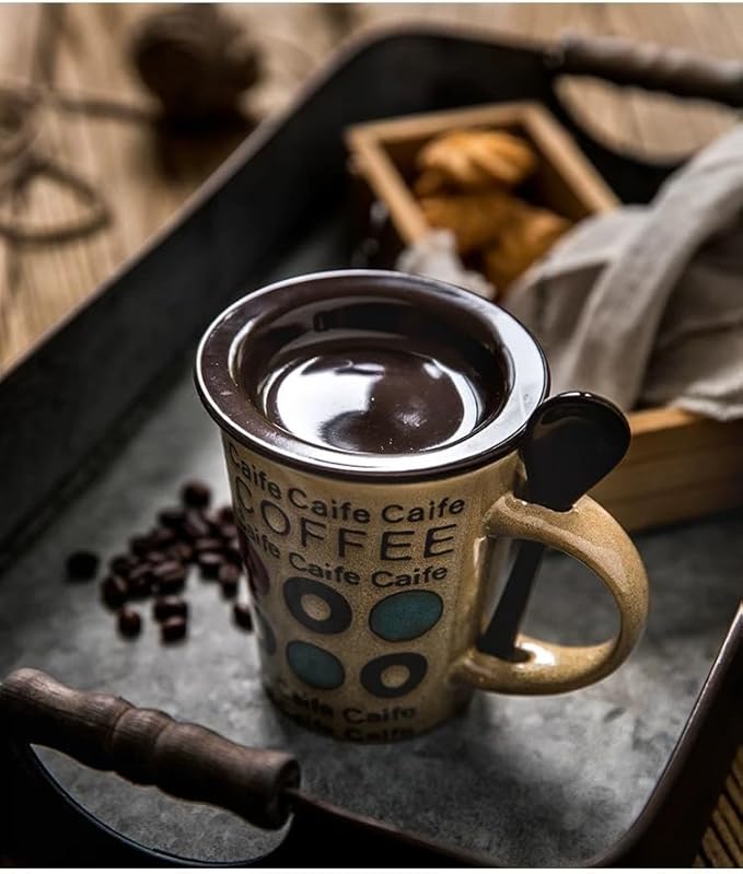 Ceramic Coffee Cup with Spoon and Lid, 12 oz Coffee Mug, Microwave Dishwasher Safe, Cup for Latte, Hot Tea, Cappuccino, Farmhouse Mug Novelty Rustic Glaze Cup, Christmas Gift Letter Khaki