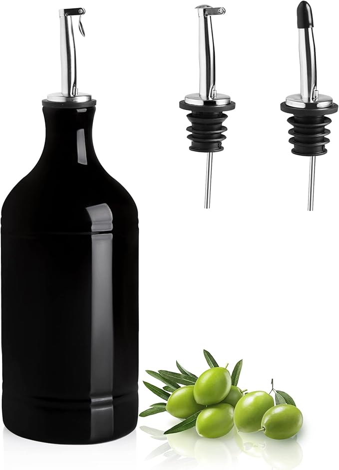 Sweejar Ceramic Olive Oil Dispenser Bottle, Opaque Oil Cruet Protects to Reduce Oxidation, Suitable for Storage Vinegar, Coffee Syrups & Other Liquids, Pack of 1, 15.5 Fl Oz (Black)