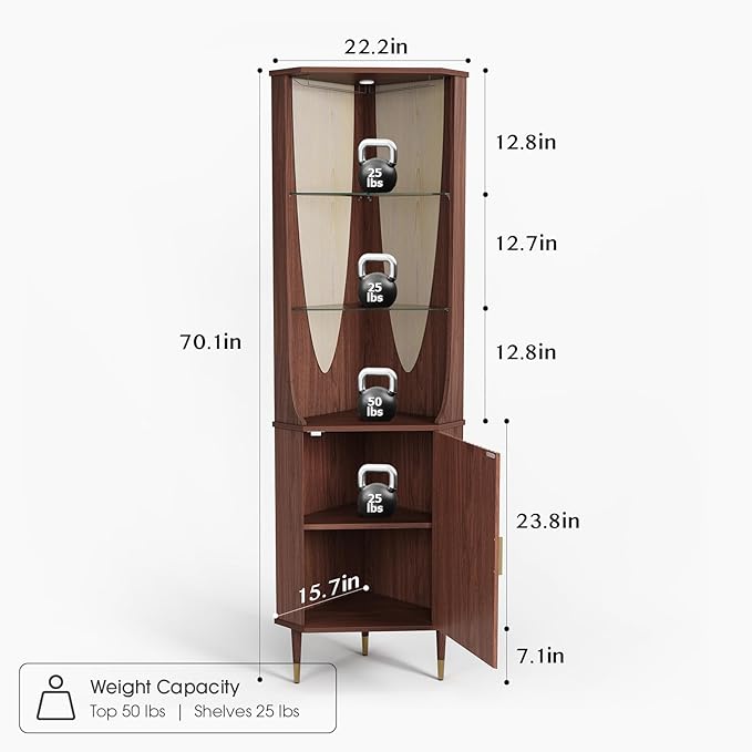 70" Tall Corner Cabinet,Mid Century Modern Cabinet with Doors,Fluted Corner Bar Cabinet with Glass Holder,Lights and Storage Shelves,Wine Bar Cabinet for Liquor, Living Room, Kitchen, Walnut