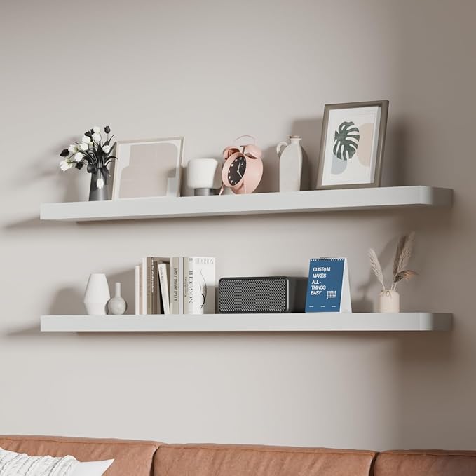 48 inch Long Floating Shelves for Wall,Solid Wood Long Shelves Set of 2,Rustic Wall Mounted Shelves with Invisible Brackets for Decor & Storage (White, 48 Inch)