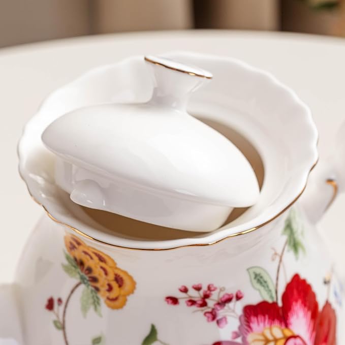 Jomop European Style Ceramic Flower Teapot Coffee Pot Water Pot Porcelain Gift Large 5.5 Cups (1, Blue and Red)