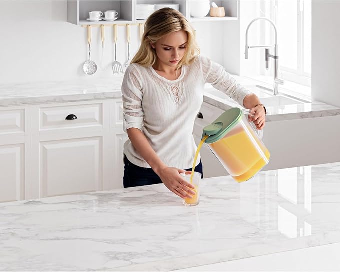 Tribello 1-Gallon Slim Plastic Pitcher with Lid – Clear Water Jug with Pivot-Top Spout, Iced Tea Pitcher for Fridge, Dishwasher/Freezer Safe, BPA & Phthalate Free – Sage Green