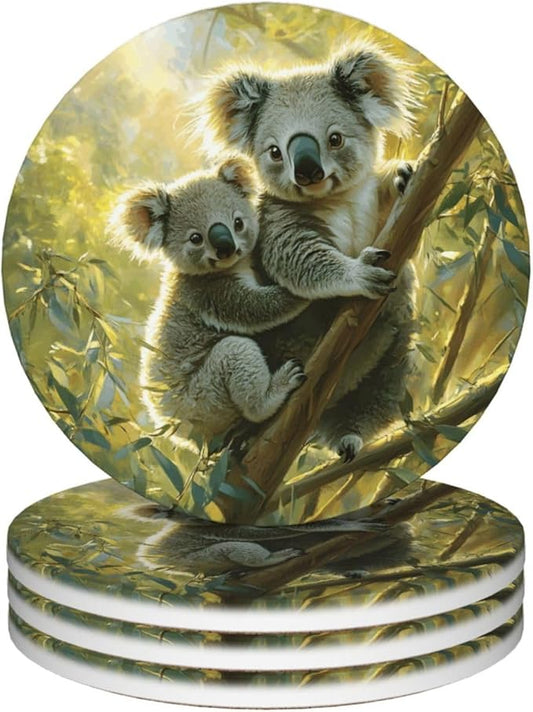 Koala Leaves Pattern Coasters for Drinks Absorbent Round Ceramic Coasters Set of 4 Non-Slip Cup Coaster with Cork Base for Coffee Table Drink Home Decor Tabletop Protection