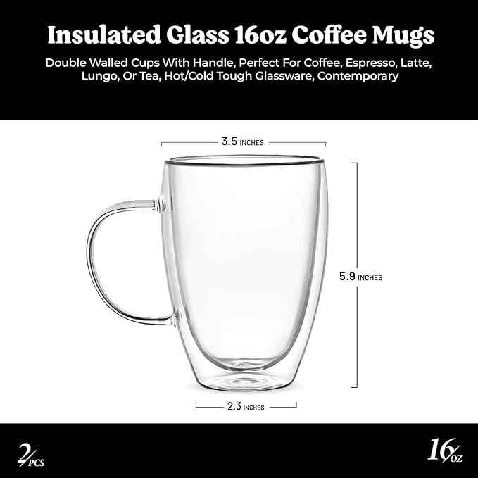 16 Oz Insulated Glass Mugs – Double Wall Coffee Mugs for Tea, Cappuccino, Iced Coffee, Latte, Hot Beverages – Microwave & Dishwasher Safe, Set of 2