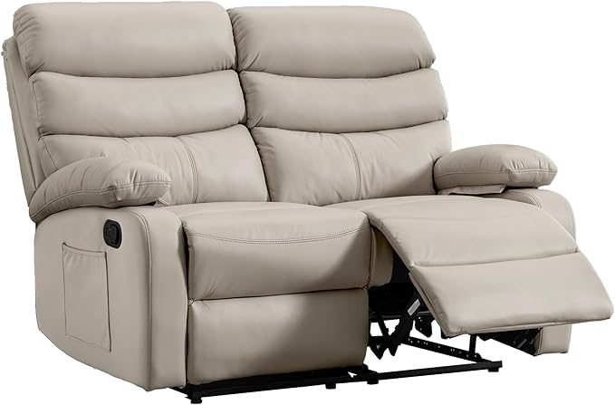 Reclining Loveseat, Anti-Scratch Leather Double Recliner Sofa with Side Pocket, Wall Hugger Loveseat Recliner for Living Room, RV, Home Theater(Beige)