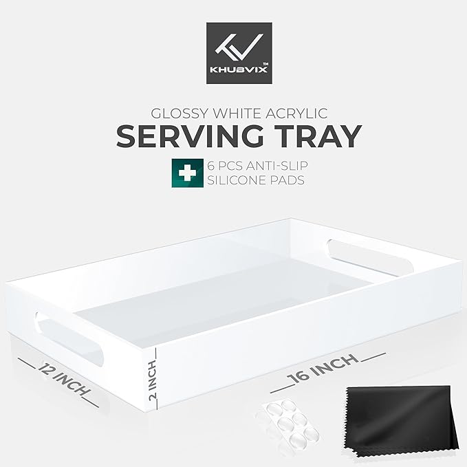 White Tray 16×12" with Cut Handles - Spill Proof Decorative Tray is an Ideal Countertop Organizer for Living Rooms, Ottoman Coffee Tables, Offices, Kitchens & Serving Guests