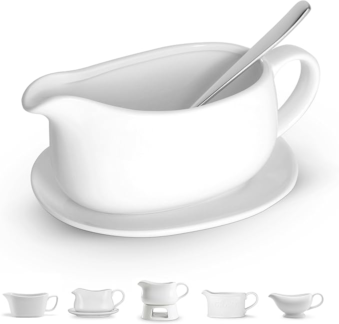 Kook Gravy Boat & Saucer, Ceramic Serving Dish, Dispenser with Tray for Sauces, Dressings and Creamer, Large Handle, Microwave and Dishwasher Safe, White 23.8 oz (Gravy Boat with Spoon)