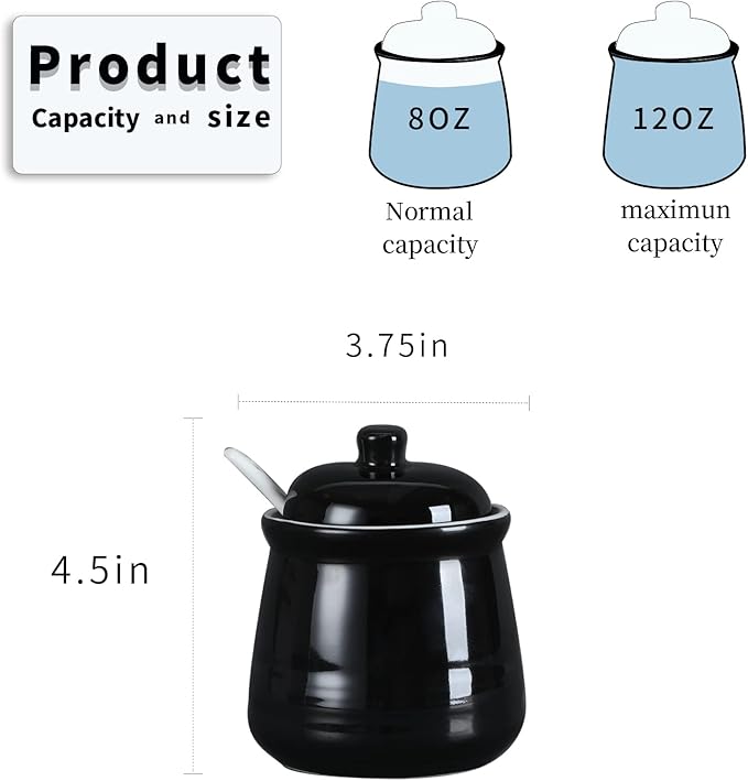 HAOTOP Porcelain Salt Bowl with Lid and Spoon,Ceramic Sugar Bowl 12oz (Black)