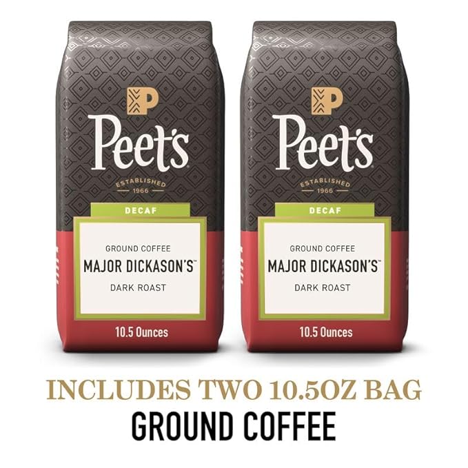 Peet's Coffee, Dark Roast Ground Coffee - Decaf Major Dickason's Blend 10.5 Ounce Bag (Pack of 2)
