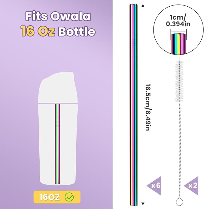 NiHome 6-Pack Iridescent Stainless Steel Drinking Straws, Compatible with Owala Kids’ FreeSip 16oz, Food-Grade Rust-Resistant Material, Includes Cleaning Brushes & Travel Storage Bag