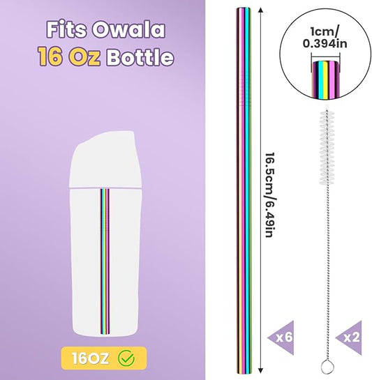 NiHome 6-Pack Iridescent Stainless Steel Drinking Straws, Compatible with Owala Kids’ FreeSip 16oz, Food-Grade Rust-Resistant Material, Includes Cleaning Brushes & Travel Storage Bag