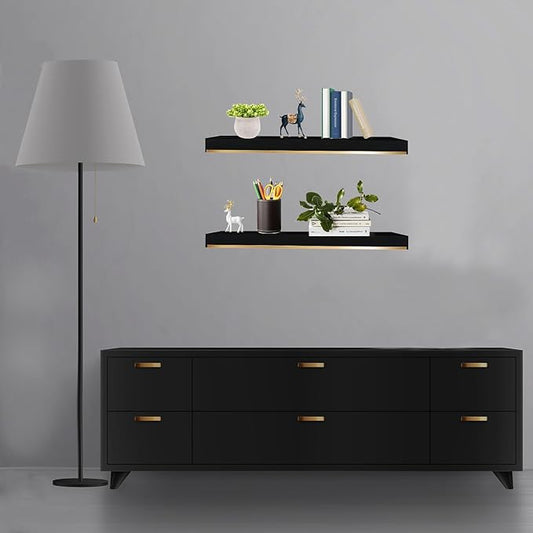 Thick 1.78 Inch Black and Gold Foating Shelves With Thicked 1/5 Inch Heavy Duty Bracket,Black Gold Shelf Pine Wood Long 36 ×7.87 Inch Wall Shelves With Stainless Steel Trim Strip for Bedroom Set of 2