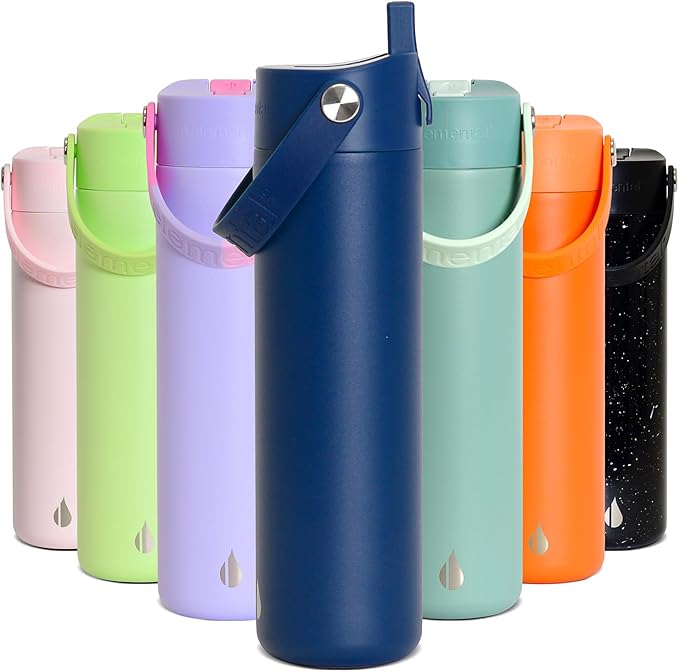 Elemental 24oz Insulated Water Bottle with Straw - 100% Leak-Proof Stainless Steel Core Water Bottles for Travel, Sports and Gym - Double Wall Insulation & BPA Free - Navy