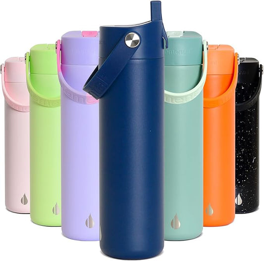 Elemental 24oz Insulated Water Bottle with Straw - 100% Leak-Proof Stainless Steel Core Water Bottles for Travel, Sports and Gym - Double Wall Insulation & BPA Free - Navy