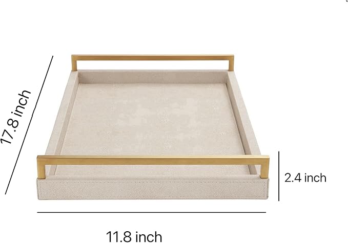WV Ivory Shagreen Leather Serving Tray with Gold Handles-17.7x11.8 Inch Large Wooden Decorative Ottoman Tray fro Coffee Table, Kitchen, Dining, and Home Decor (Ivory)