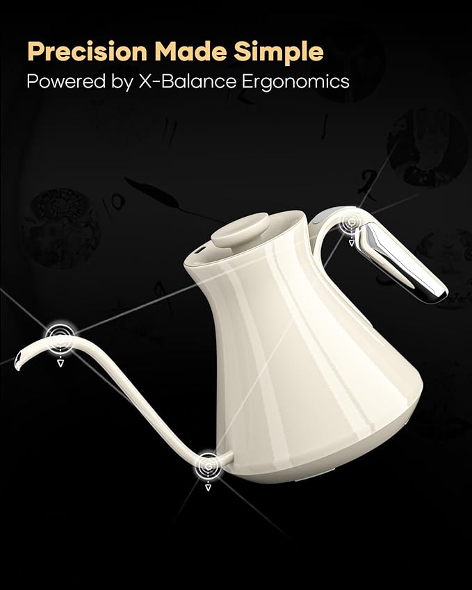 Cocinare Master Collection Dali White Gooseneck Electric Kettle, ±0.5℉ Precise Temperature Control for Pour-Over Coffee & Tea, Quick Heating 1500W, Stainless Steel Interior, 0.9L
