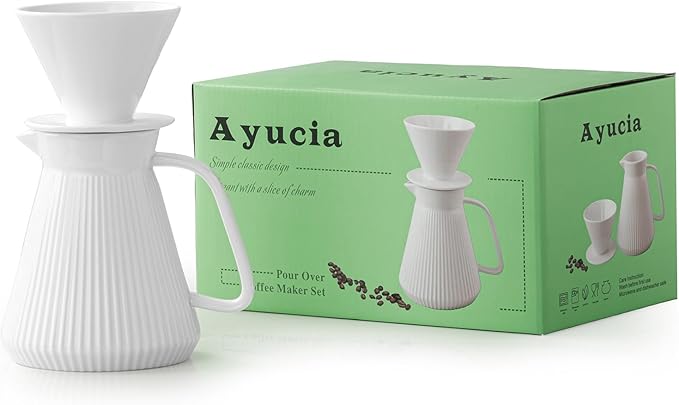 Pour Over Coffee Maker Set, Ceramic Coffee Dripper with Pot Set, 22OZ White Cream Pour Over Coffee Brewer for Home Café Restaurant Camping, Size 02