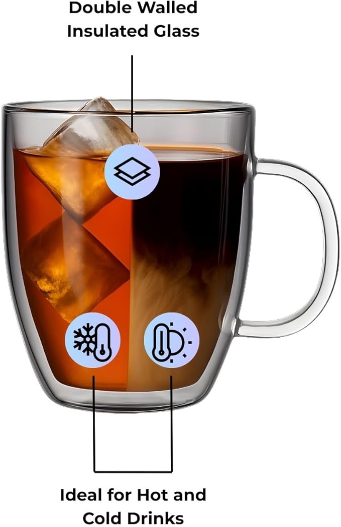 Lucco Double Walled Glass Coffee Mugs (Set of 2) - 12 oz Borosilicate Cups for Hot or Cold Drinks, Insulated Latte, Tea & Espresso Cups