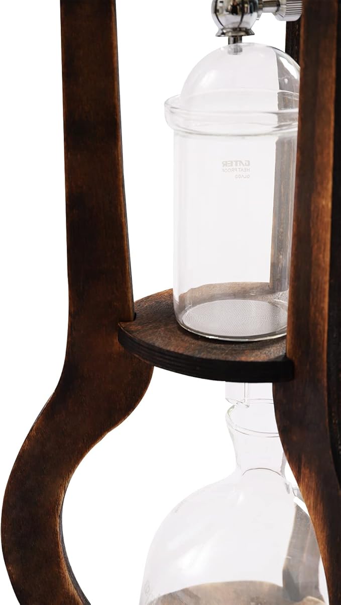 Iced Coffee Cold Brew Drip Tower Coffee Maker, Wooden Ice Coffee Machine, Stainless Steel and Borosilicate Glass, Long Neck Sharing Pot, with Measuring Spoon (Brown)