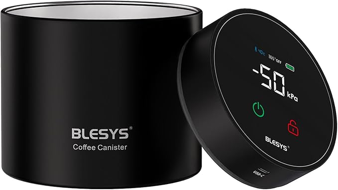 Smart Vacuum Coffee Canister, Automatic Stainless Steel Food Storage Container, LCD Monitoring, One-touch Freshness, Date Tracker, Extra-long Standby Time, holds 11oz Coffee Beans (Black, 0.9L)