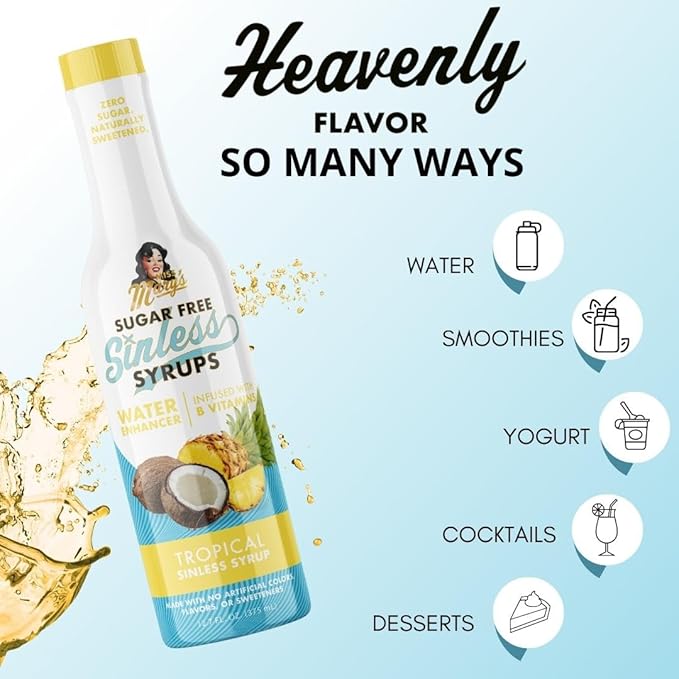 Sugar Free Tropical Sinless Syrup - Stevia Based, No Sugar Alcohols or Sucralose, No Artificial Sweeteners, Natural Ingredients, Water Enhancer, Tea, Desserts Keto Friendly, 1 Pack
